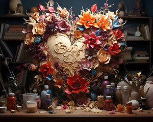 Heart made of flowers and candles in the interior of the artist's studio.