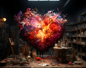 Heart made with flowers and candles in the art studio. 3d rendering