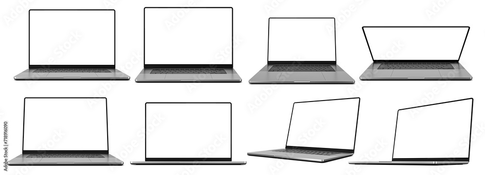 Poster laptop set with an empty screen in various configurations - different angles, perspectives, display 