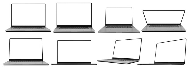 Laptop set with an empty screen in various configurations - different angles, perspectives, display settings. Isolated on a transparent background, automatic shadow cast. 3d render - obrazy, fototapety, plakaty
