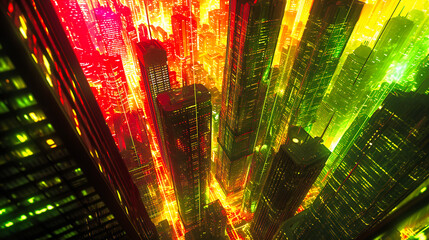 Futuristic City Night, Urban Skyline with Neon Lights, Modern Architecture and Technology