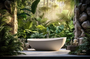 Open air stone bathtub. Beautiful view of outside bathroom on veranda with beautiful tropical garden view in luxury villa - obrazy, fototapety, plakaty