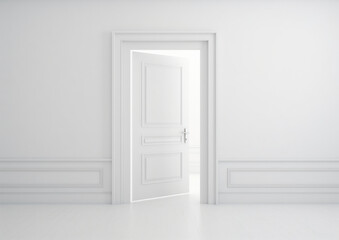 Modern white door. White wall with free space. Minimalist bright interior