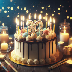 Birthday cake with 32 number candle on blue backgraund set on fire by lighter - obrazy, fototapety, plakaty