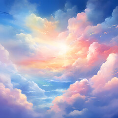 Illustration of an abstract rainbow sky with fluffy clouds.