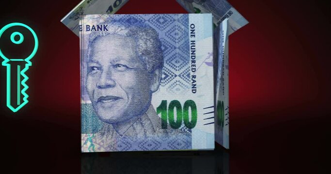 South Africa Rand money banknotes paper house on the table with key and family icon. South African 100 ZAR currency notes 3D concept of home mortgage loan, costs and real estate wealth financing.