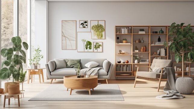 Modern scandinavian living room with design furniture and big glasses