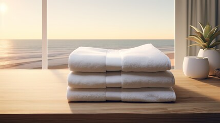 A pile of white towels on a table with a blurred background and a bright light spotlight effect. generative AI