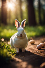 white rabbit with easter eggs on a path in the spring forest