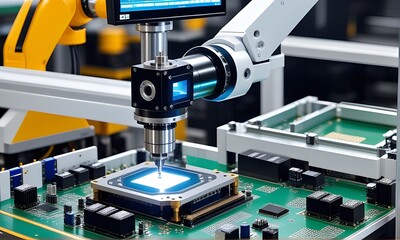 High precision robot arm inside a Semiconductor Factory. Computer Chip Manufacturing in Fab. Electronic component manufacturing industry