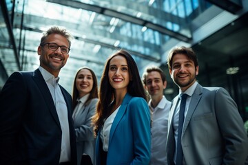 Obraz premium Amid the office vibes, a group of businesspeople and their team exude positive body language. Generative AI.