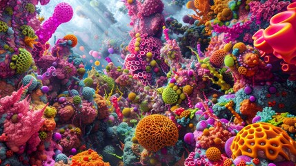 Obraz premium A vibrant underwater world teeming with a kaleidoscope of marine invertebrates, from stony corals to colorful sponges, creates a breathtaking coral reef full of life and wonder