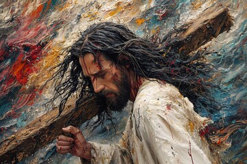 Jesus Carrying Cross in Modern Art Style Generative AI - obrazy, fototapety, plakaty