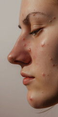 Gesicht einer Frau mit schwerer Akne und depressionen Nahaufnahme, ai generativ