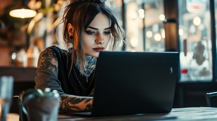 A focused woman with intricate neck tattoos gazes intently at her laptop screen, surrounded by the cozy ambiance of an indoor setting and dressed in casual yet stylish clothing as she enjoys a cup of