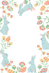 Obraz na płótnie Canvas Hand drawn flat easter frame background with rabbits, easter eggs and blooming flowers