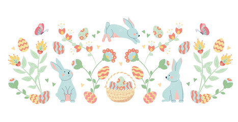 Hand drawn flat easter composition background with blooming flowers and rabbits