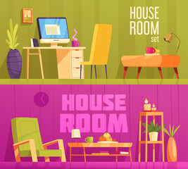 House room hand drawn cartoon banner set