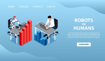 Robots isometric cartoon landing page template