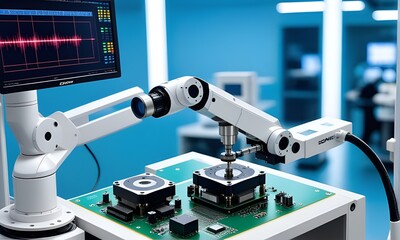 High precision robot arm inside a Semiconductor Factory. Computer Chip Manufacturing in Fab. Electronic component manufacturing industry