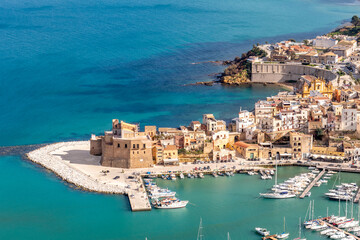 scenic view to skyline and old harbor of Castellamare, Sicily