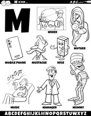 Letter M set with cartoon objects and characters coloring page