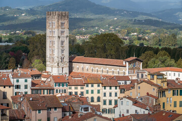 scenic skyline of Lucca with view to cathedral and the market square - obrazy, fototapety, plakaty
