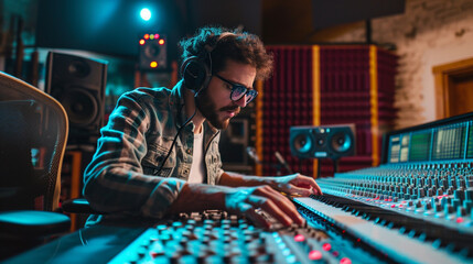 Music Producer, A music producer in a recording studio, adjusting audio equipment and working with artists.