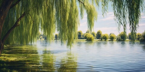 A peaceful lake surrounded by weeping willows, their branches gently dipping into the calm water. - obrazy, fototapety, plakaty