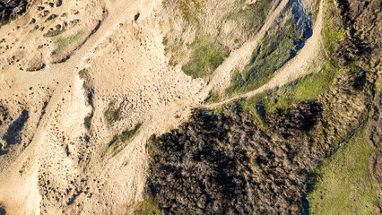 Sand path in the dunes near Sauzaie beach in Brétignolles sur Mer, France. Aerial view by drone