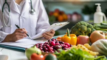 Nutritionist, A nutritionist consulting with a client in a health-focused environment, with dietary plans and healthy food samples