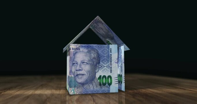 South Africa Rand money banknotes paper house on the table. South African 100 ZAR currency notes 3D concept of home mortgage loan, debt, rent, costs, liabilities and building wealth financing.