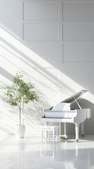 Piano in modern white interior. Home nordic interior. 
