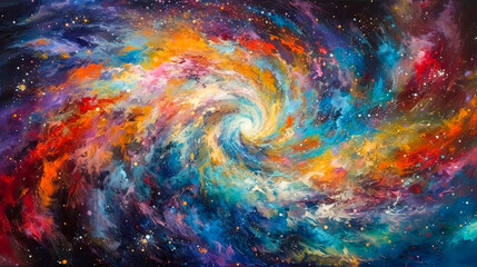 Painting of a swirling galaxy with colorful clouds of gas and stars. - obrazy, fototapety, plakaty