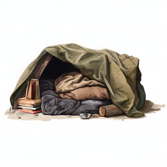 Homeless individual sleeping in a makeshift shelter isolated on white background, realistic, png
