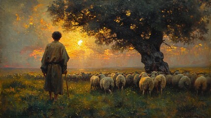Shepherd's Sunset: A Pastoral Painting Generative AI