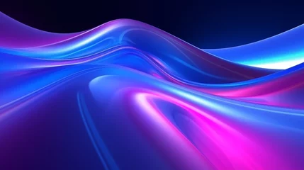 Poster Glowing neon waves abstract background. Bright smooth luminous lines on a dark background. Decorative horizontal banner. Digital artwork raster bitmap illustration. Purple, pink and blue colors.  © Oxana