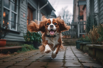 Happy excited dog Cavalier King Charles spaniel running in the yard of the house during the day. Copy space. World Run Day - obrazy, fototapety, plakaty