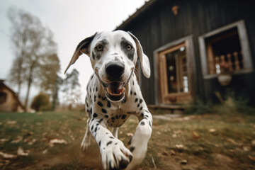 Happy excited dog Dalmatian running in the yard of the house during the day. Copy space. World Run Day