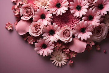 Beautiful heart made of pink flowers on color background