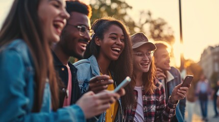 Group of young people using smart mobile phone outdoors - Happy friends with smartphone laughing together - obrazy, fototapety, plakaty