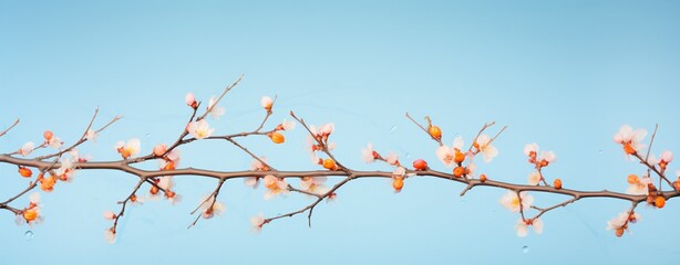 tree branch with white flowers on light blue background. Use as header with copy space.