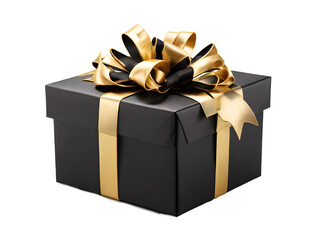 black gift box with gold ribbon isolated on transparent background