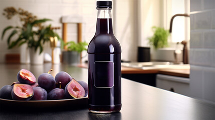 plum smoothie, fruit juice, drink from fresh plums in a bottle, on the table in the kitchen, copy space.  - obrazy, fototapety, plakaty