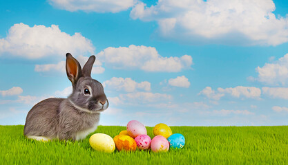 Fototapeta na wymiar cute easter bunny sitting with colored easter eggs on green grass against blue sky, with empty copy space for text, cards, banners.
