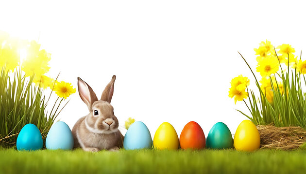 cute easter bunny sitting with colored easter eggs on the nature street. white background with empty copy space for text, cards, banners.