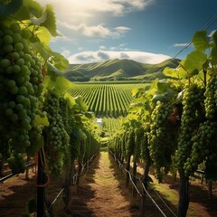 A picturesque kiwi plantation, with vines heavy with fuzzy brown kiwis and the promise of a delicious harvest.