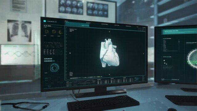 Futuristic Hospital Scan Examination Detects Dangerous Illness In Patient Heart. X-ray Examination Scan. Future Healthcare Hospital Equipment. Organ Scan. Medical Examination For Diagnosis At Hospital