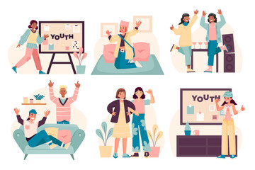 Young people hand drawn cartoon mini composition set