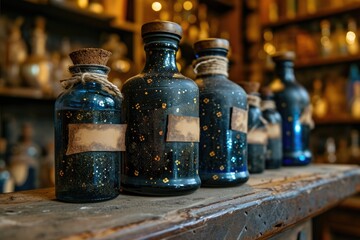 A close-up of a potion bottle with labels indicating magical ingredients 